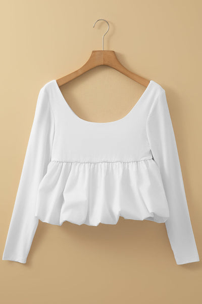 Stylish Women's White U-Neck Long Sleeve Top with Bubble Hem - Versatile for Casual and Dressy Occasions