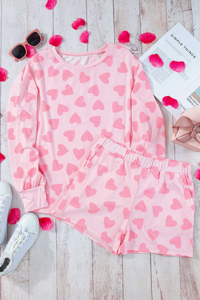 Cozy Women's Pink Heart Print Long Sleeve Lounge Set - Perfect Valentine's Day Shorts Outfit for Relaxed Style
