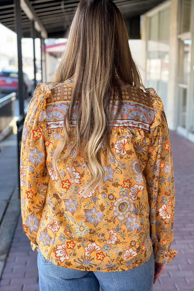 Stylish Women's Yellow Floral Blouse with Tie Neck, Long Sleeves Perfect for Effortless Spring Fashion