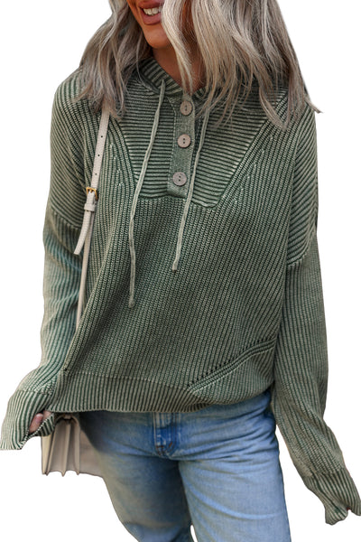 Women's Mist Green Ribbed Knit Hooded Pullover Sweater - Cozy Casual Style with Drawstring and Mineral Wash Finish