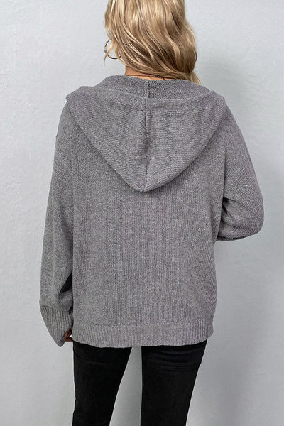 Cozy Women's Medium Grey Hooded Cardigan Sweater with Button-Up Closure and Drop Shoulders for Effortless Style
