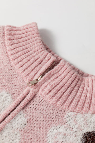 Cozy Women's Pink Floral Half Zip Sweater with Drop Shoulder - Trendy Casual Style for Spring and Summer Wear
