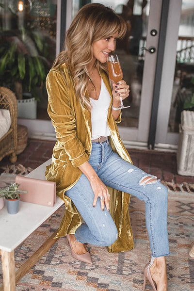 Stylish Women's Yellow Velvet Duster Coat with Pockets - Comfortable Open Front Design for Effortless Chic Looks