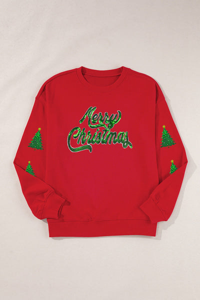 Women's Red Sequin Christmas Tree Graphic Sweatshirt for Women