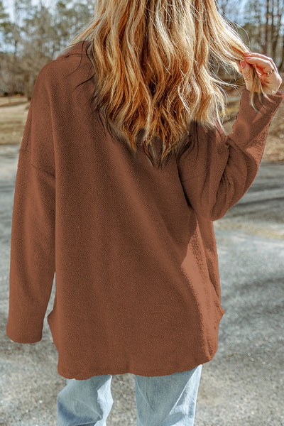 Women's Coffee Brown Terry Cotton Shacket with Exposed Seams