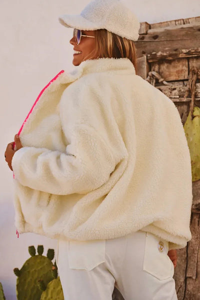 Cozy Women's White Fuzzy Sherpa Jacket with Contrast Trim, Full Zip & Pockets - Ideal for Stylish Winter Wear