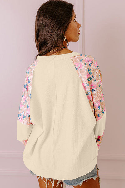 Trendy Women's Apricot Floral Patchwork Blouse with Textured Fabric and Balloon Sleeves for Effortless Style