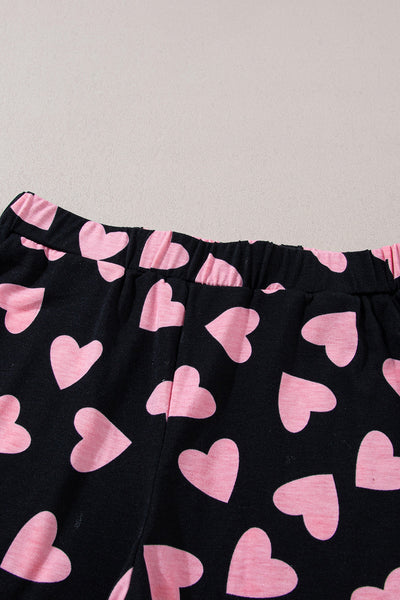 Women's Black Heart Print Long Sleeve Lounge Set with Shorts Adorable Cozy Valentine's Day Outfit for Women