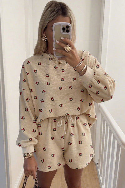 Cozy Women's Oatmeal Cherry Print Oversized Lounge Set with Drawstring Shorts Perfect for Relaxing at Home