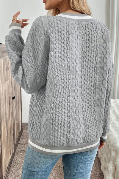 Cozy Women's Gray Cable Knit V-Neck Sweatshirt with Striped Drop Shoulders - Stylish Casual Wear Essential