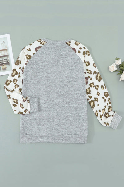 Women's Gray Melange Leopard Raglan Sleeve Top