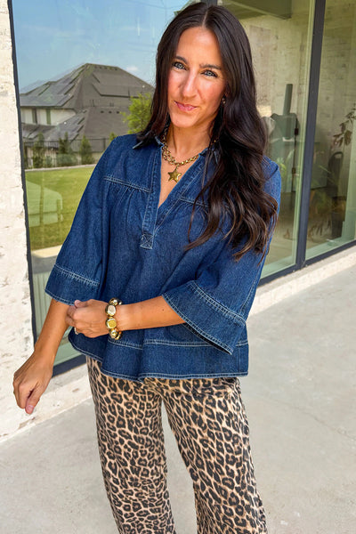 Sail Blue Women's Casual Chic Loose Denim Top with Polo Collar, V-Neck, and 3/4 Sleeves for Effortless Style