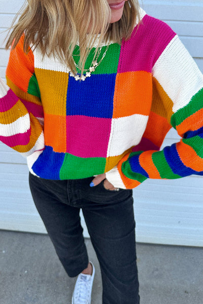 Cozy Women's Orange Checkered Color Block Sweater - Loose Fit Round Neck Knit Top for Effortless Casual Chic