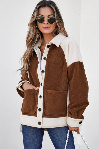 Women's Brown Color Block Fleece Shacket and Button-Down Shirt with practical styling and dependable silhouette control.