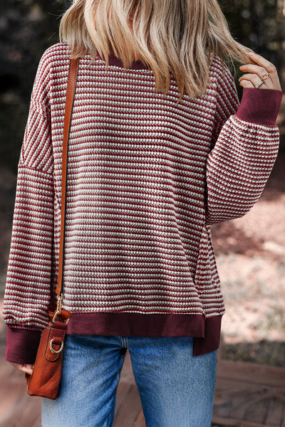 Women's Burgundy Striped Knit Long Sleeve Pullover
