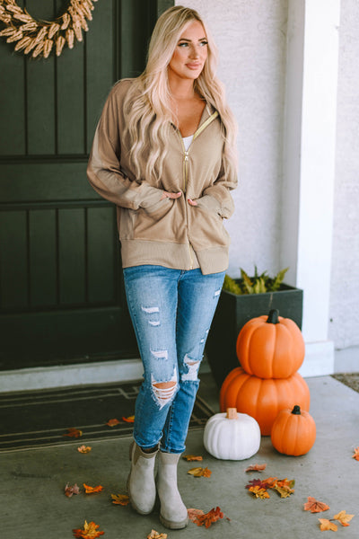 Plus Size Casual Coat, Women's Plus Colorblock Double Zip Up Long Sleeve Drawstring Nipped Waist Ruched Hooded Coat