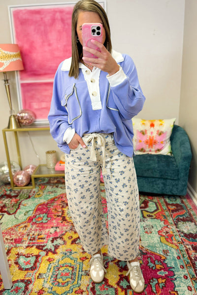 Lilac Color Block Women's Long Sleeve Top with Flap Pockets & Chic Half Button Collar for Effortless Style