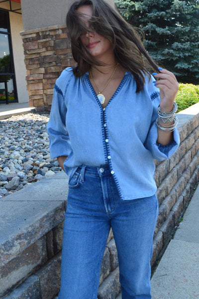 Chic Women's Beau Blue Chambray Button-Down Shirt with V-Neck, Long Sleeves, and Stylish Stitched Detail