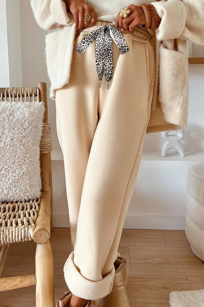 Women's Leopard Print Fleece-Lined Joggers in Oatmeal - Cozy Drawstring Waist for Stylish Comfort