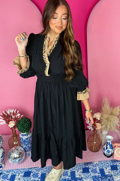 Elegant Women's Black Flowy Midi Dress with V-Neck, 3/4 Ruffled Sleeves, and Frilled Trim for Effortless Chic Style