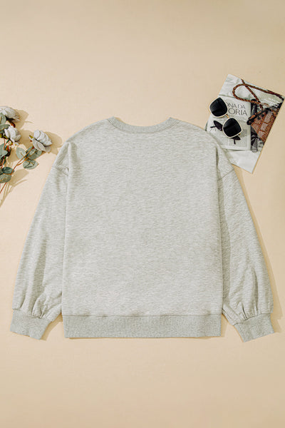 Plus Size Women's Light Grey Sweatshirt with Embroidery, Drop Shoulder Design, and Cozy Round Neck Fit