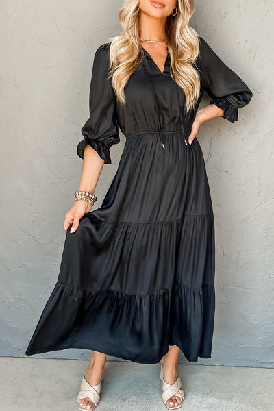Chic Women's Black Tiered Maxi Dress with Flounce Sleeves and V-Neck - Perfect for Formal Events and Summer Outings