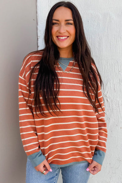 Trendy Women's Orange Striped Ribbed Drop Shoulder Sweater with Color Block Design for a Cozy Fall Outfit