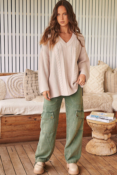 Effortless Casual Grey Oversized V-Neck Cable Knit Sweater for Women with Side Slits - Cozy Style Must-Have