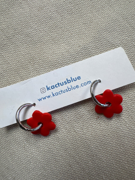 Kactus Blue Red Flower Handmade Clay Earrings