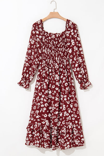 Women's Red Floral Smocked Maxi Dress with Square Neck