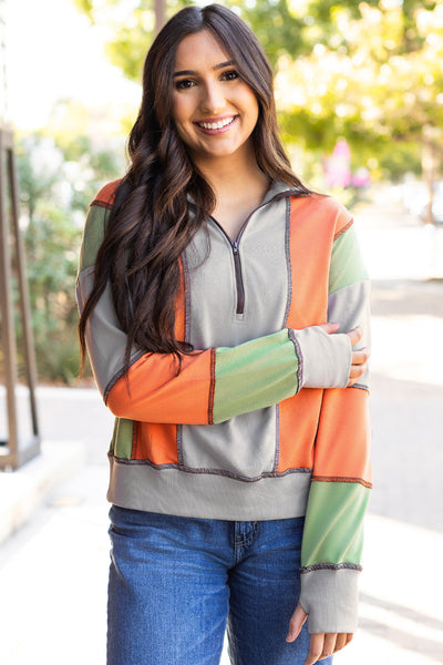 Women's Light Grey Color Block Half-Zip Sweatshirt with Stylish Stitching for Ultimate Casual Comfort