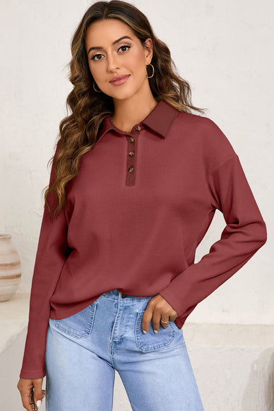 Soft Beige Women's Relaxed Fit Thermal Knit Top - Long Sleeve for Ultimate Comfort and Effortless Style