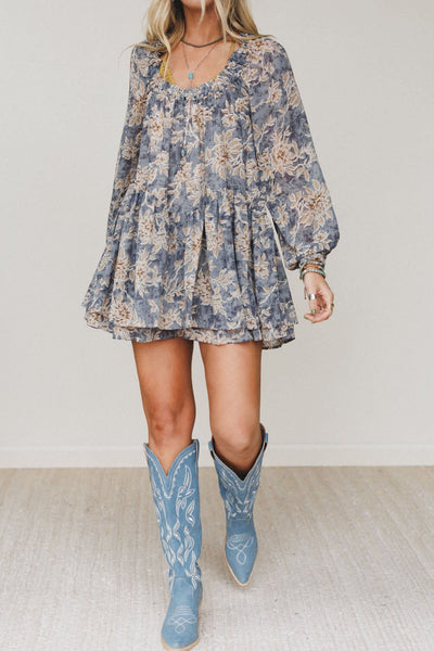 Women's Dusty Blue Floral Ruffle Romper with Long Bishop Sleeves