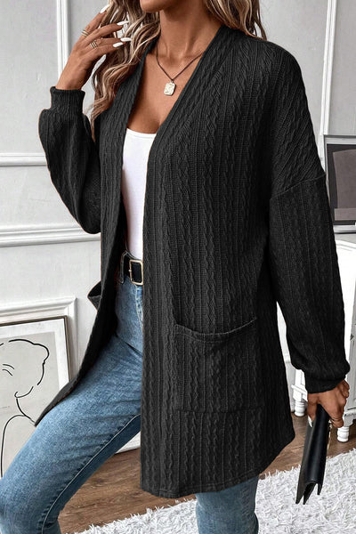 Chic Black Textured Knit Cardigan for Women with Side Pockets and Open Front  Stylish Layering Essential