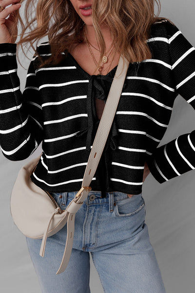 Cozy Women's Black Striped V-Neck Cardigan Sweater with Tie Front - Effortless Layering for Chic Fall Style