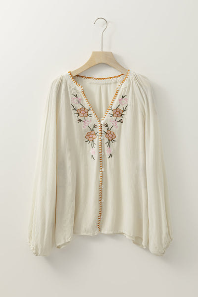 Chic Women's Beige Floral Embroidered Puff Sleeve Top - Loose Fit, Textured Design for Effortless Style