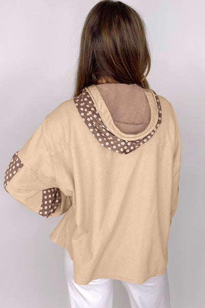 Women's Apricot Floral Patchwork Hoodie with Star Design and Adjustable Drawstring - Casual and Stylish Pullover