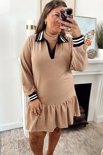 Plus Size Women's Pale Khaki Ruffle Hem Dress with Contrast Cuffed Collar for Effortless Chic Look