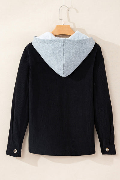 Stylish Women's Black Corduroy Hooded Shacket with Drawstring and Pockets - Perfect Casual Layering for Every Season