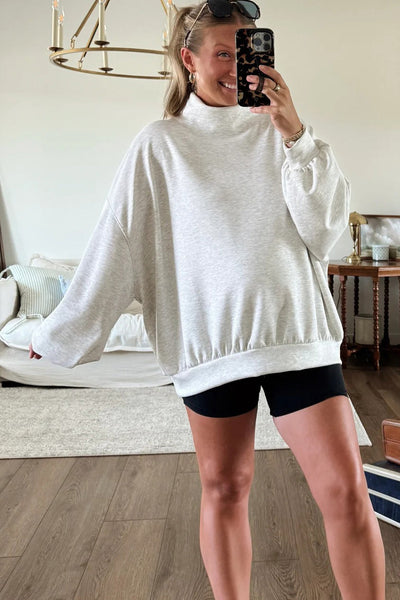 Stylish Oversized Light Grey Mock Neck Sweatshirt for Women Cozy, Comfortable Casual Wear for Everyday Fashion