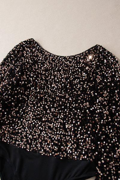 Women's Black Sequin Puff Sleeve Bodysuit with Deep V Back - Chic Party Top for Effortless Glam and Sophisticated Style