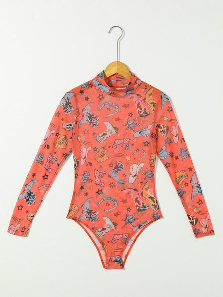 Rodeo Chic Orange Mesh Long Sleeve Bodysuit