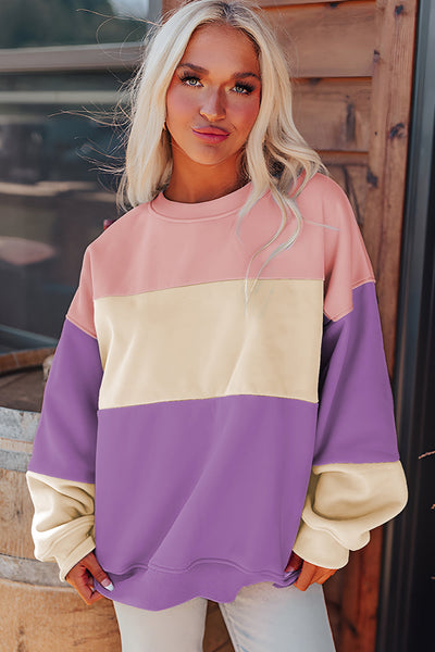 Cozy Women's Meadow Mauve Colorblock Sweatshirt - Stylish Drop Shoulder Design for Everyday Comfort and Casual Wear