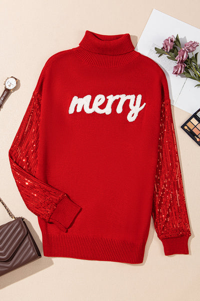 Women's Racing Red Merry Graphic Turtleneck Sweater with Sequin Sleeves - Festive Holiday Chic for Women