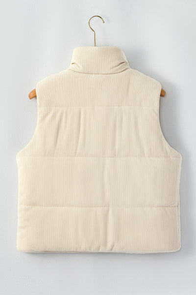 Women's Beige Corduroy Stand Neck Puffer Vest with Zipper