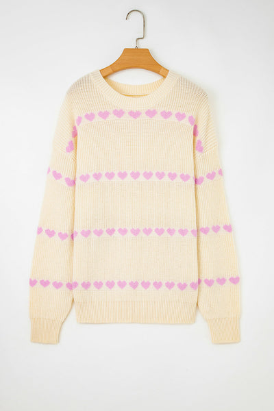 Women's Lavender Heart Ribbed Knit Sweater in Cream