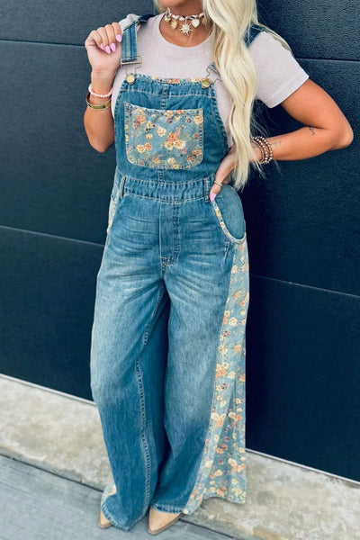 stylish women's peacock blue floral patchwork wide leg denim overalls - comfortable fashion for casual outings made for easy styling and wardrobe with