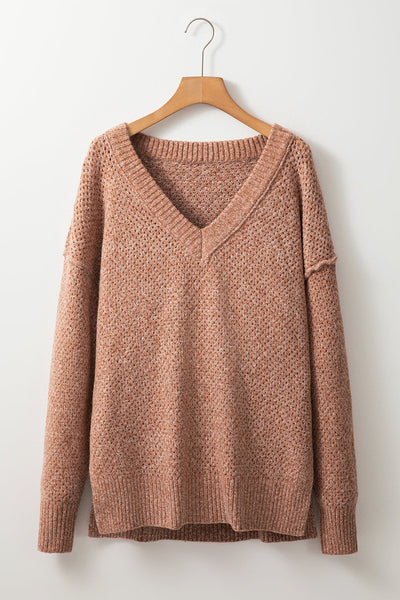 Cozy Casual Women's Dark Brown Loose-Fit Eyelet V-Neck Sweater with Drop Shoulders for Effortless Style
