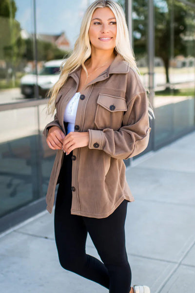 Cozy Women's Dark Khaki Fleece Shacket with Exposed Seams & Button Closure - Stylish Casual Wear for Everyday Comfort