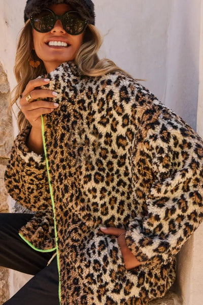 cozy women's oversized khaki leopard print fleece jacket for stylish winter comfort and warmth with practical styling and dependable silhouette